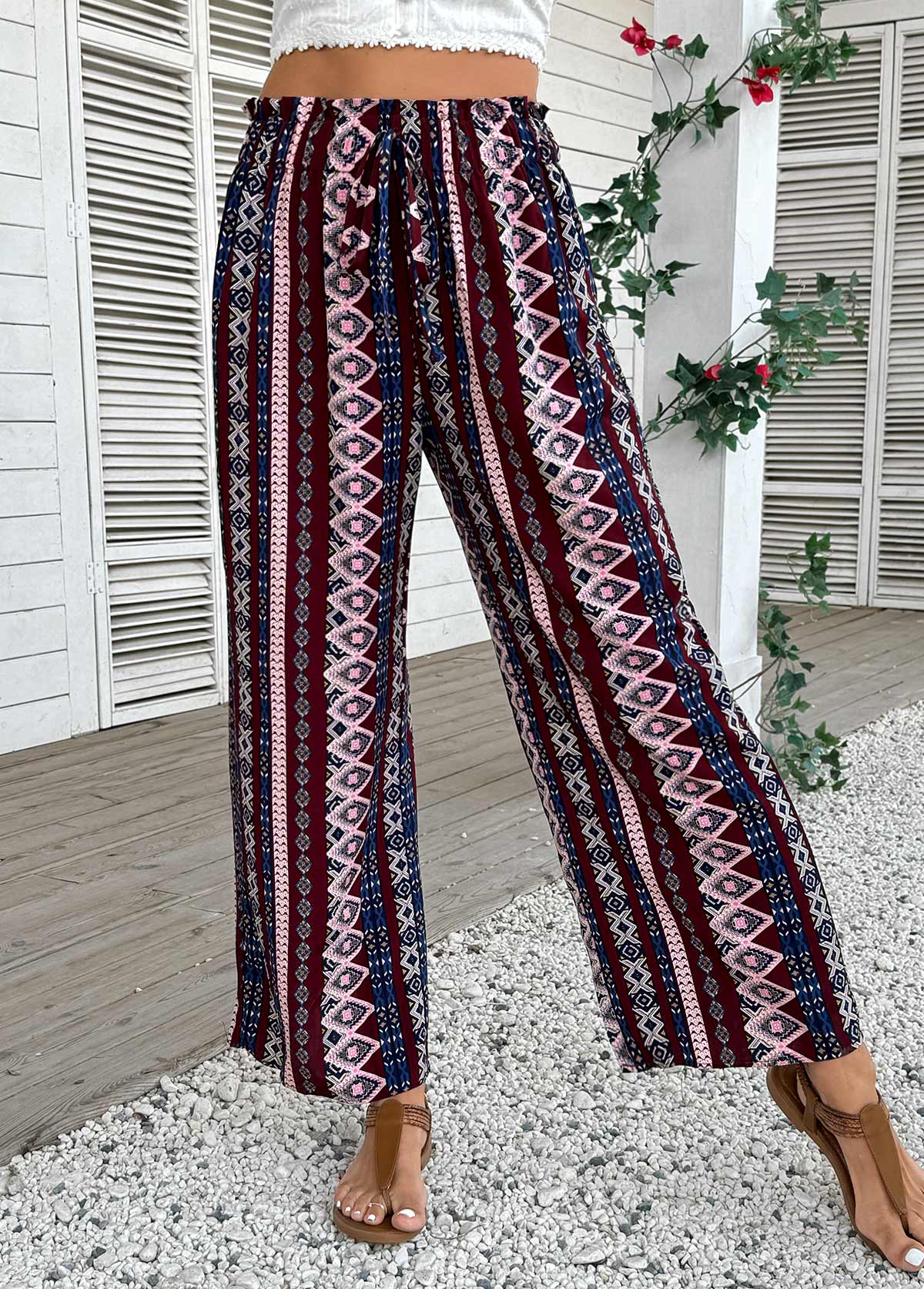 Dark Coffee Geometric Print Wide Leg Elastic Waist Pants | picture 