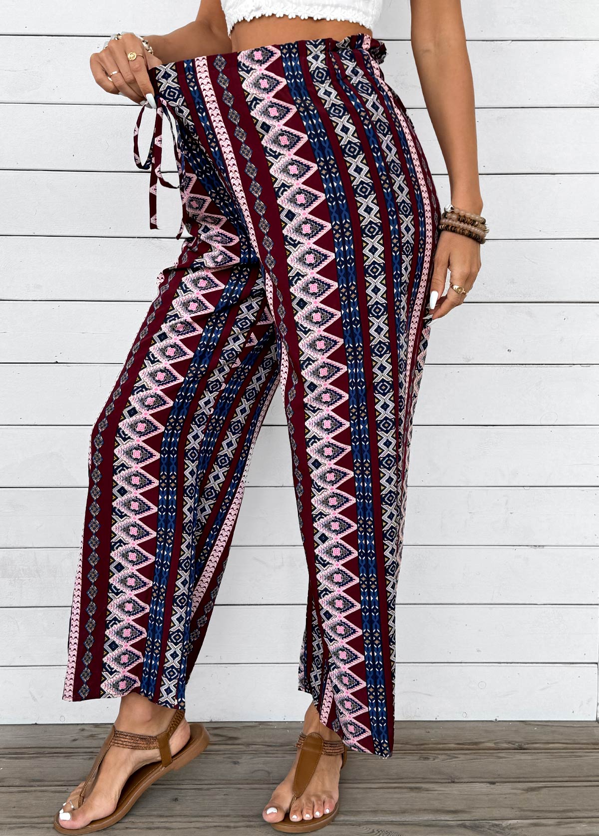 Dark Coffee Geometric Print Wide Leg Elastic Waist Pants | picture 