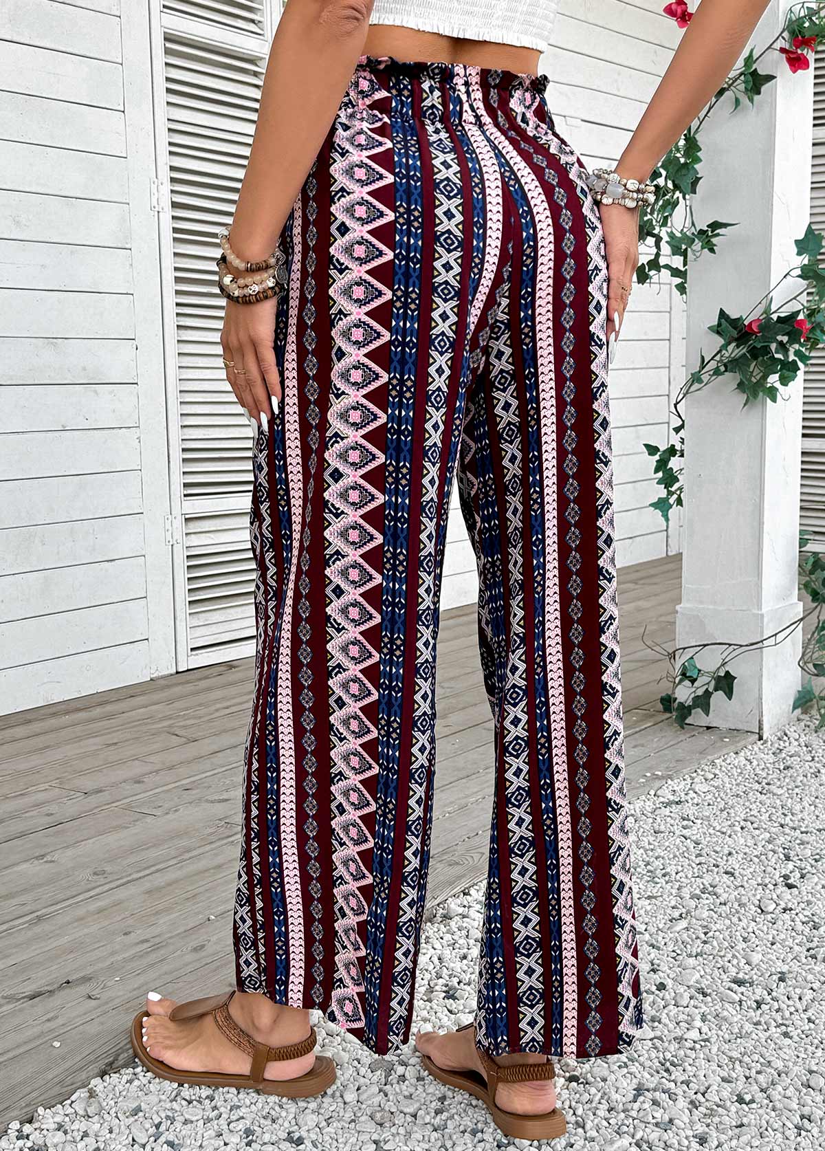 Dark Coffee Geometric Print Wide Leg Elastic Waist Pants | picture 