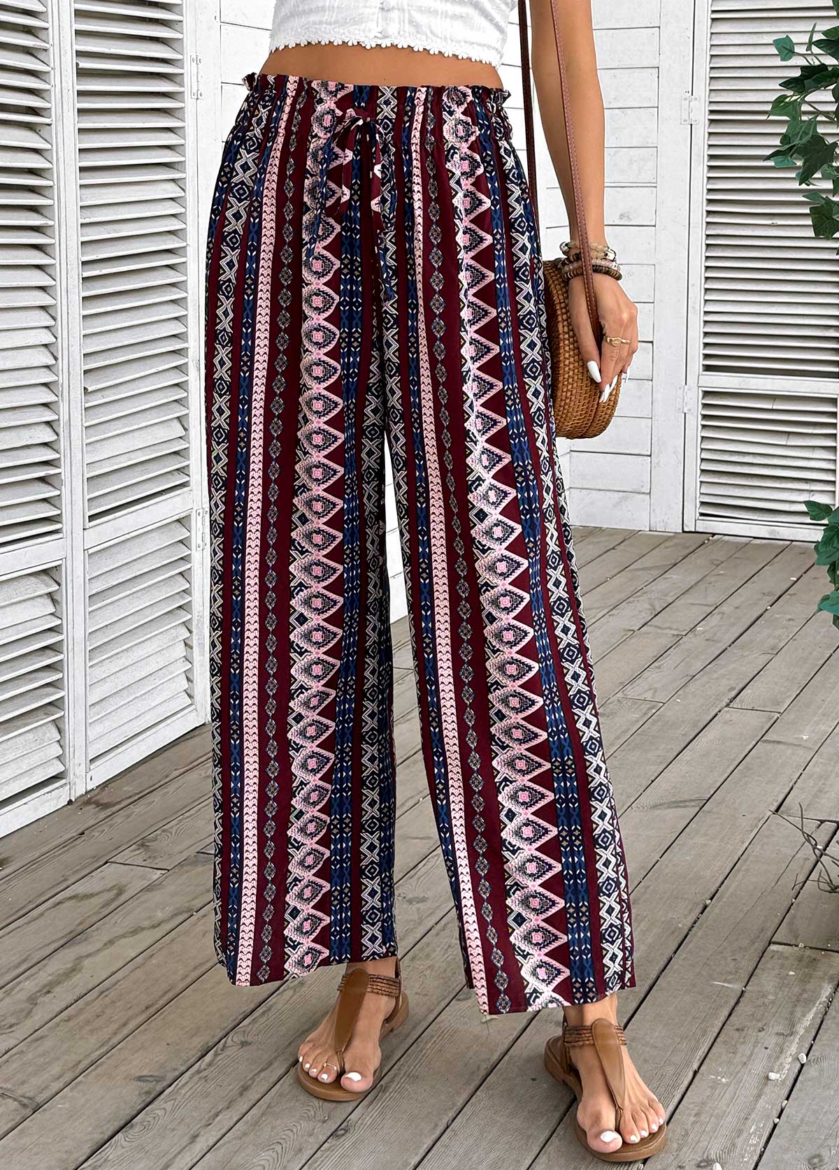Dark Coffee Geometric Print Wide Leg Elastic Waist Pants | picture 