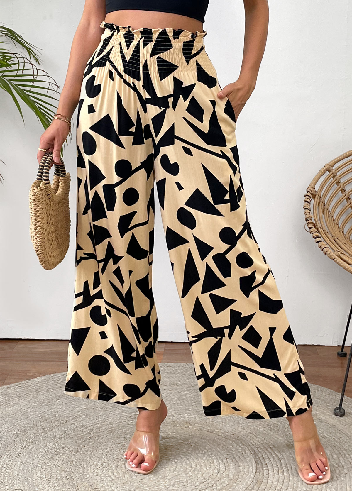 Light Camel Geometric Print Wide Leg Elastic Waist Pants | picture 