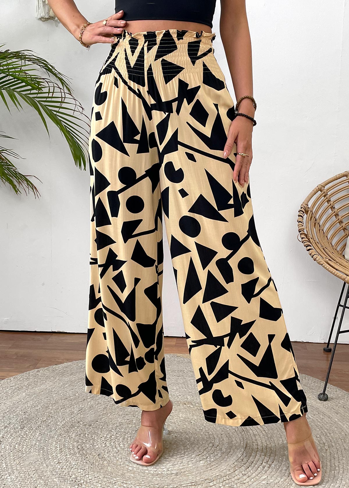 Light Camel Geometric Print Wide Leg Elastic Waist Pants | picture 