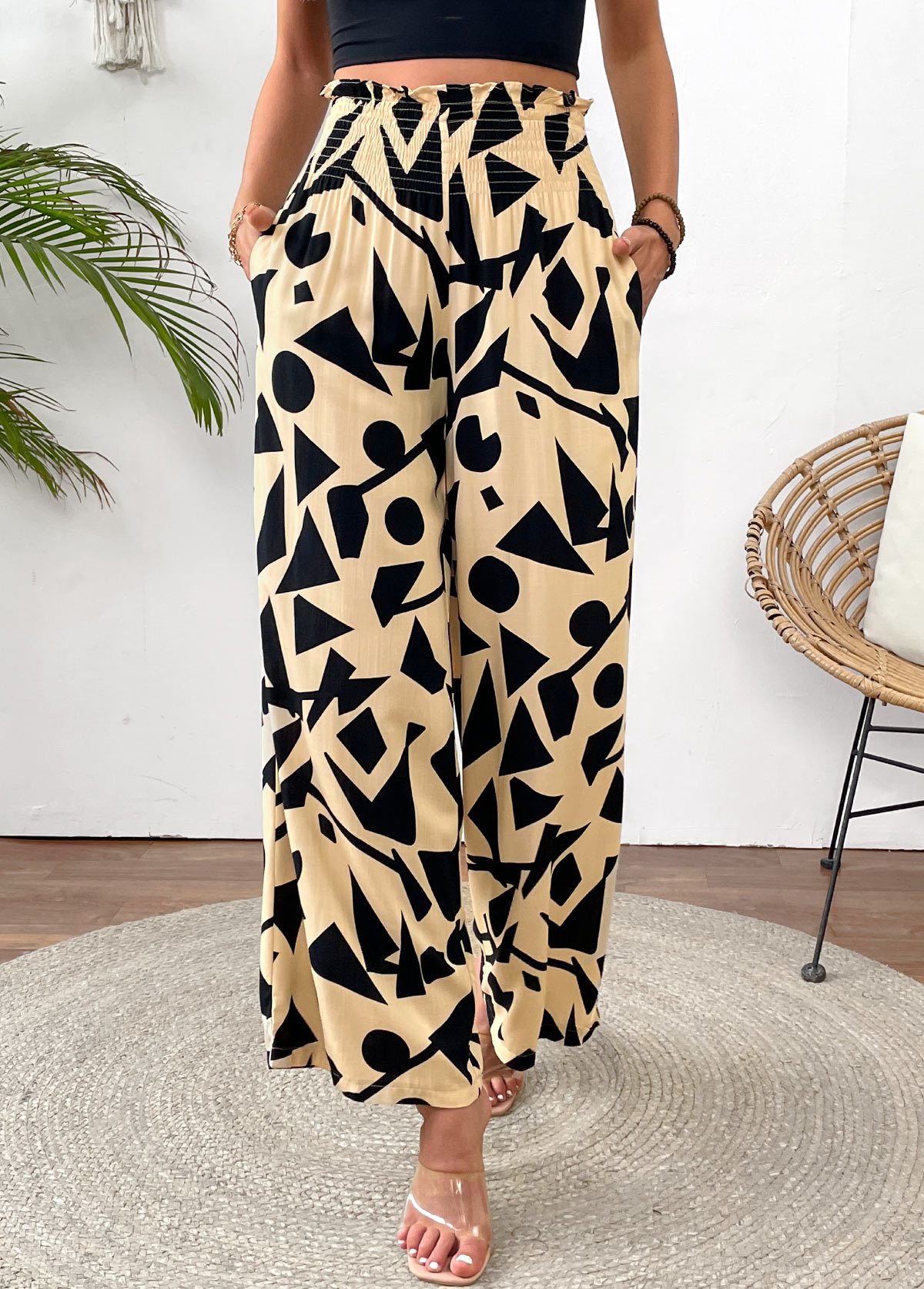 Light Camel Geometric Print Wide Leg Elastic Waist Pants | picture 