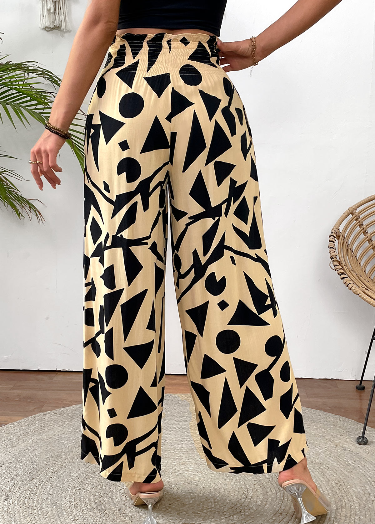 Light Camel Geometric Print Wide Leg Elastic Waist Pants | picture 