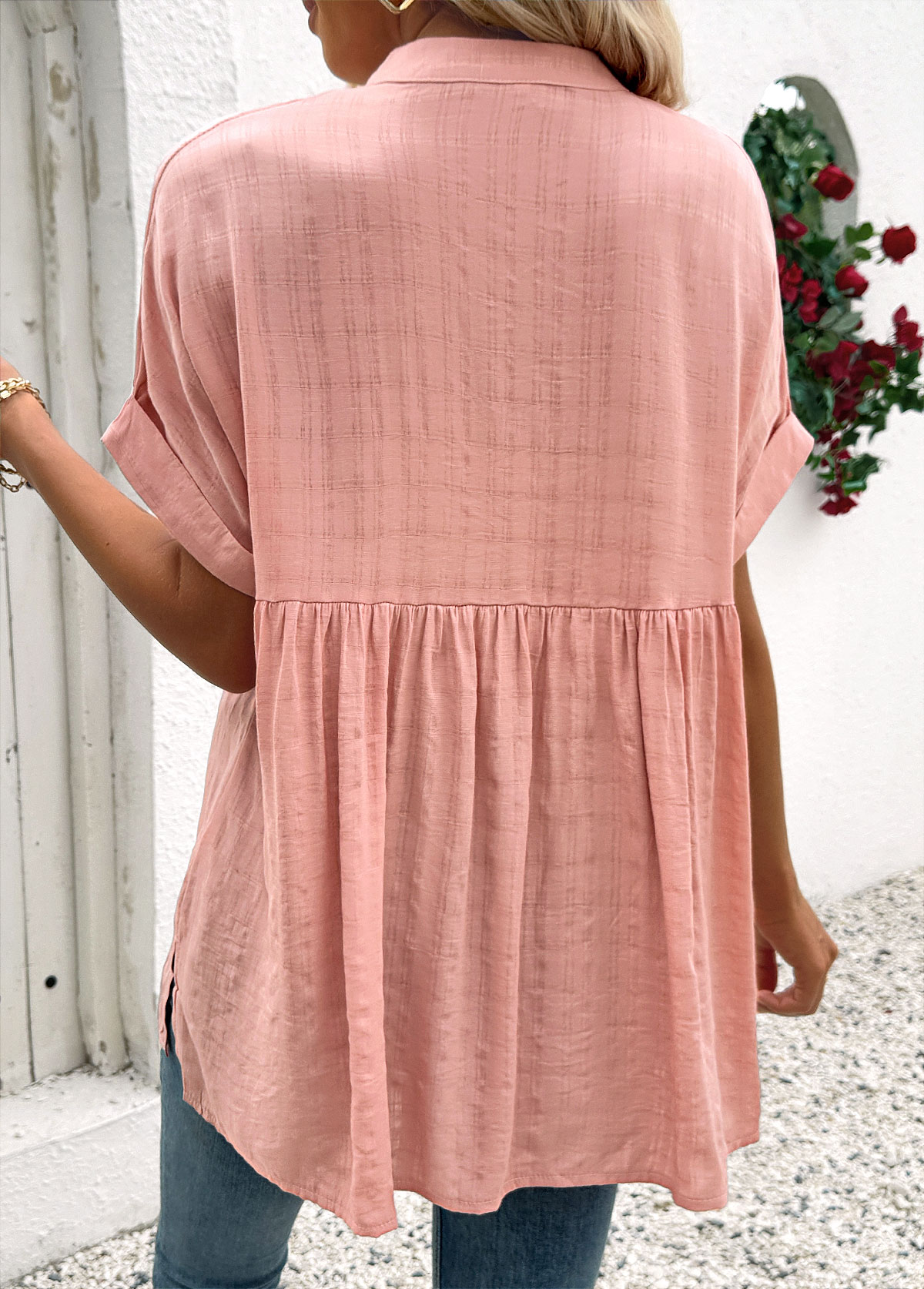 Dusty Pink Short Sleeve Split Neck Blouse | picture 