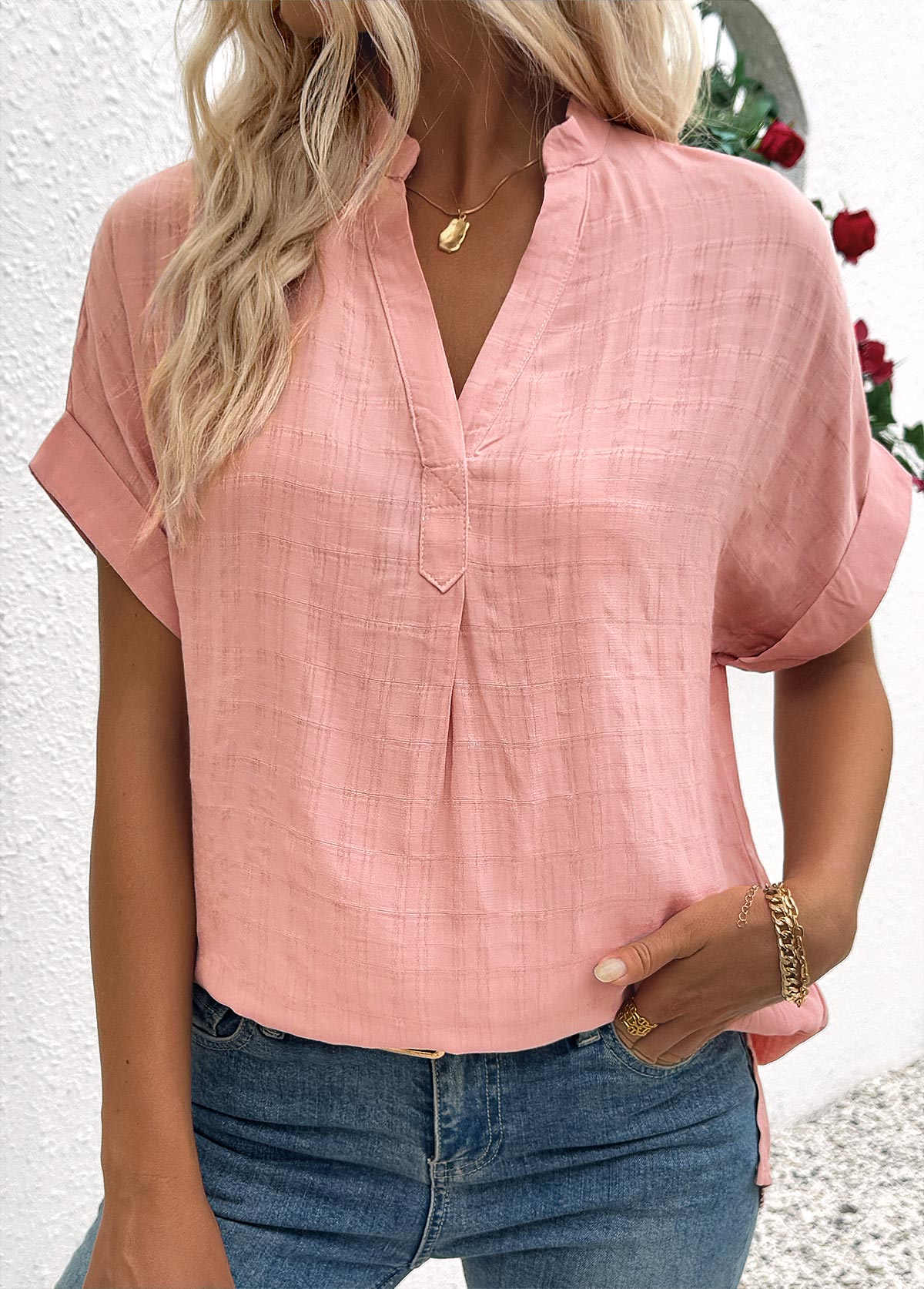 Dusty Pink Short Sleeve Split Neck Blouse | picture 