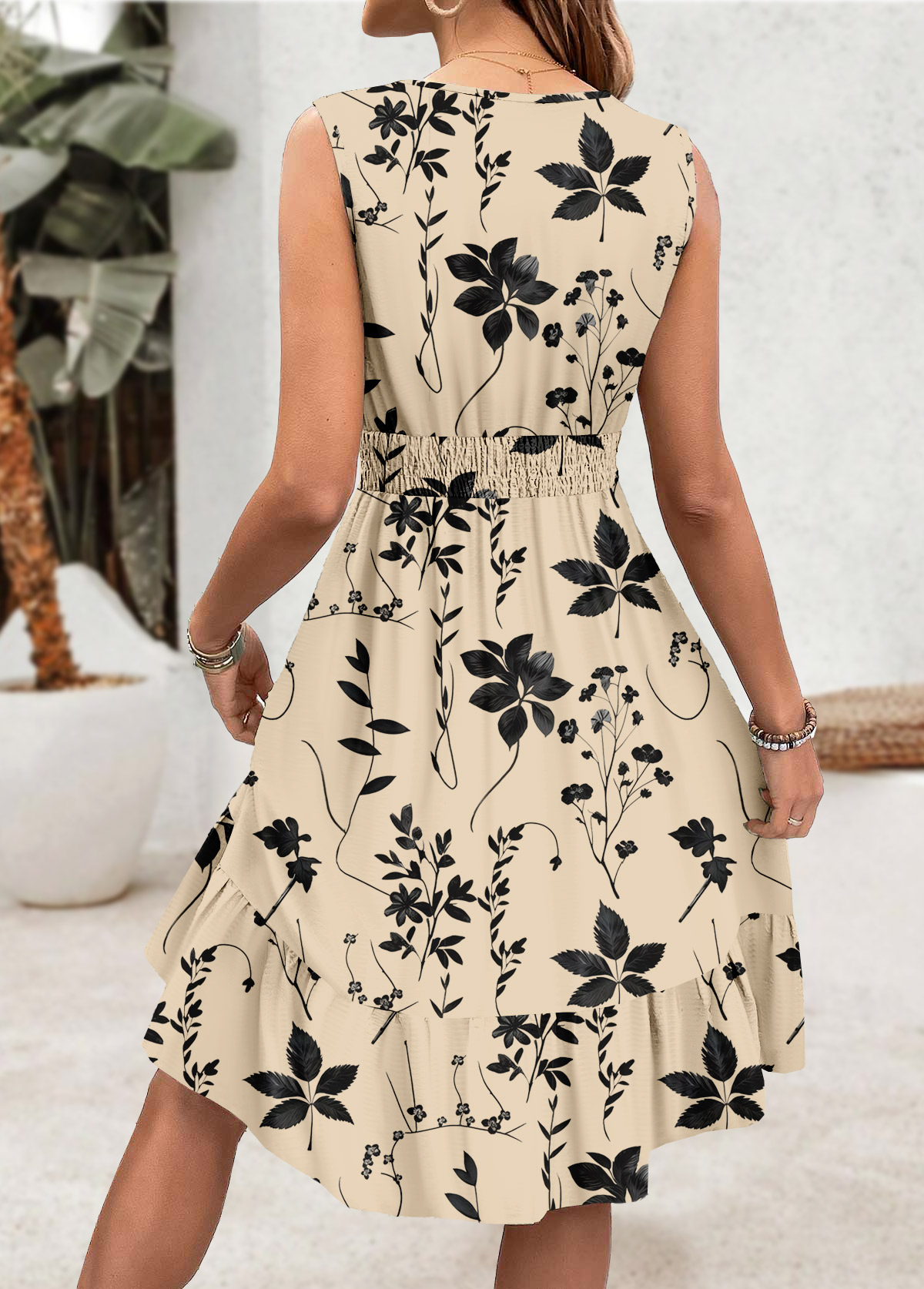 Beige Embroidery Floral Print Sleeveless V Neck Dress | picture 