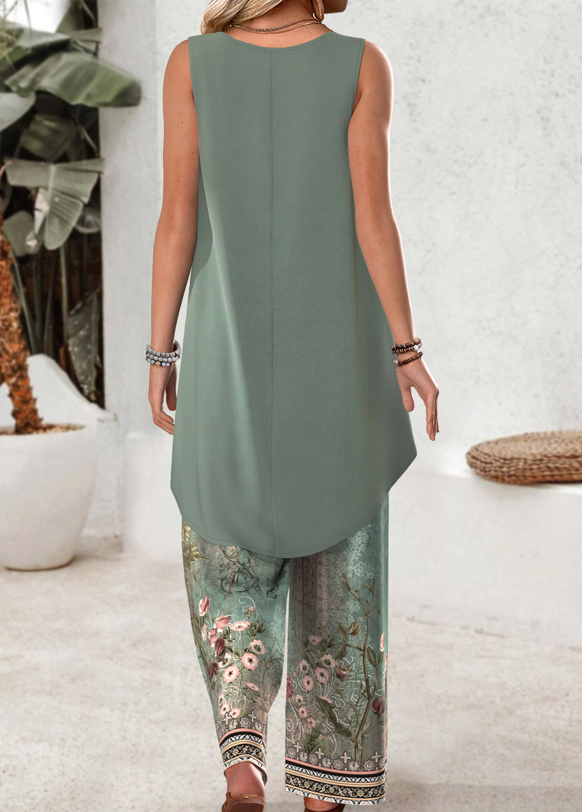 Sage Green Tribal Print Long Sleeveless Top and Pants | picture 