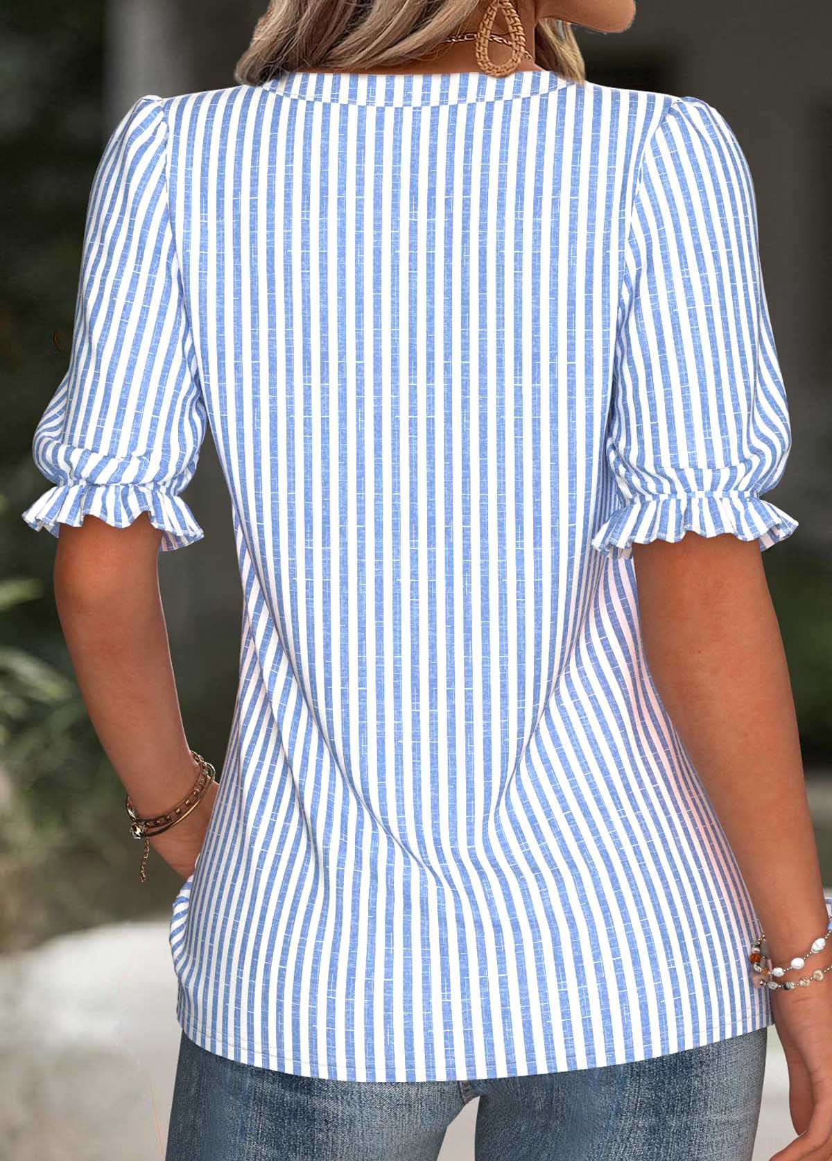 Blue Split Striped Short Sleeve Blouse | picture 