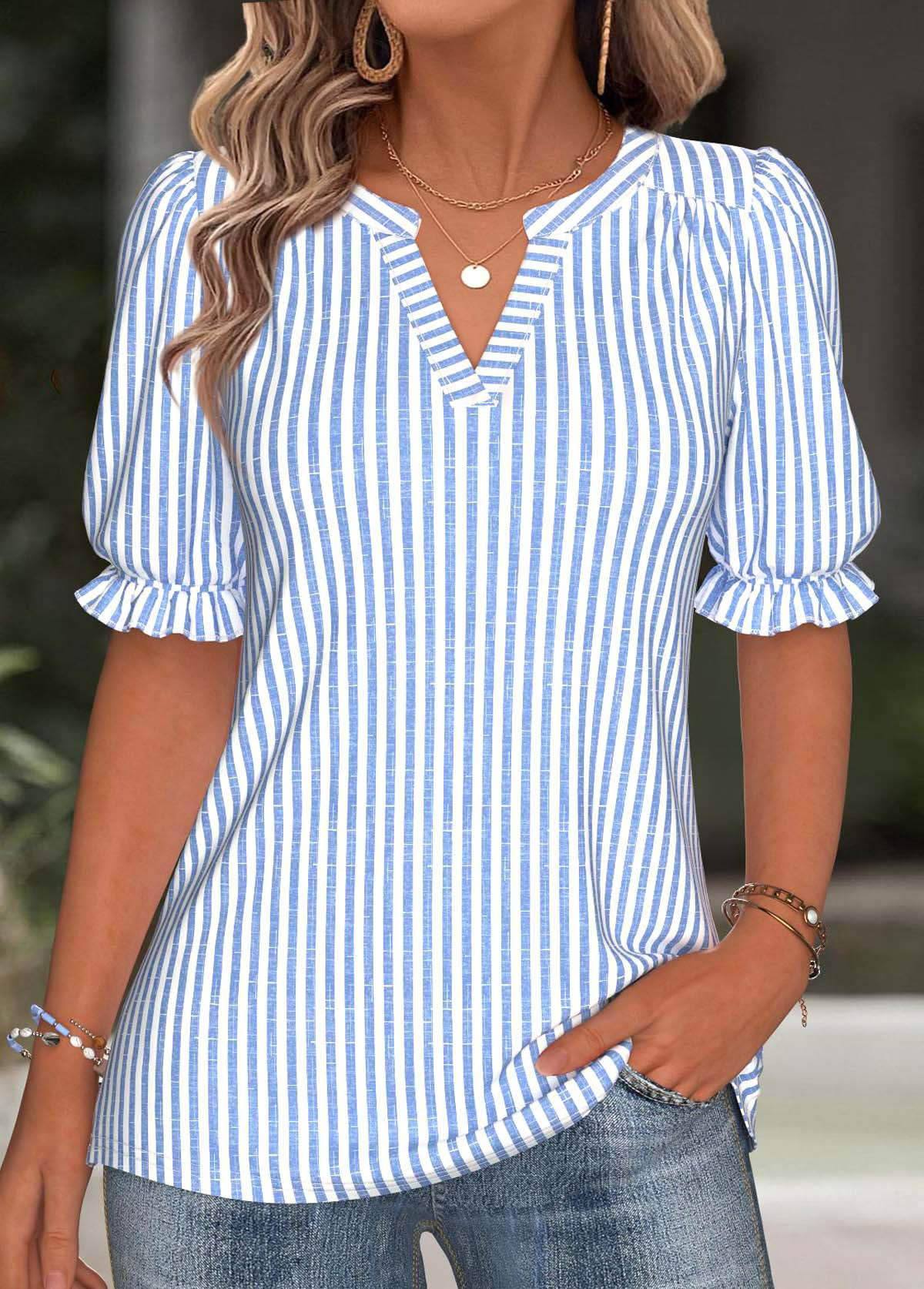 Blue Split Striped Short Sleeve Blouse | picture 