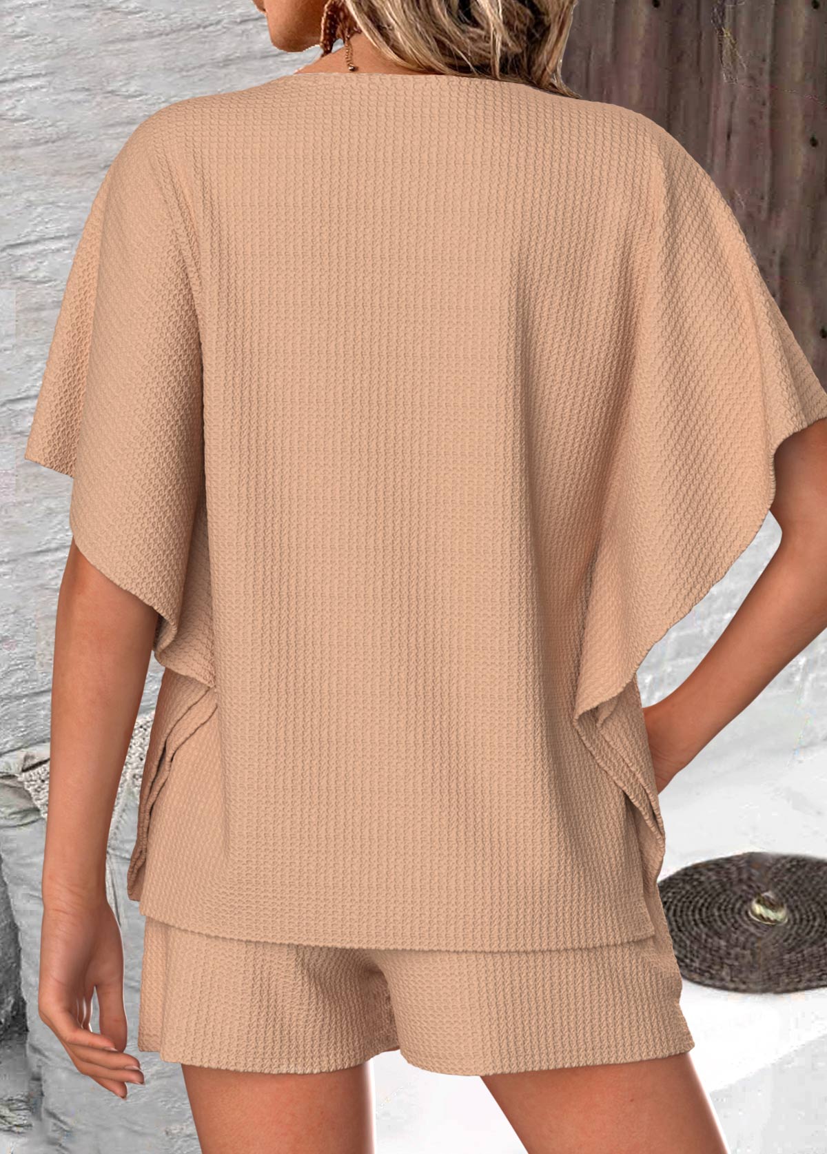 Round Neck Short Sleeve Light Coffee Top and Shorts | picture 
