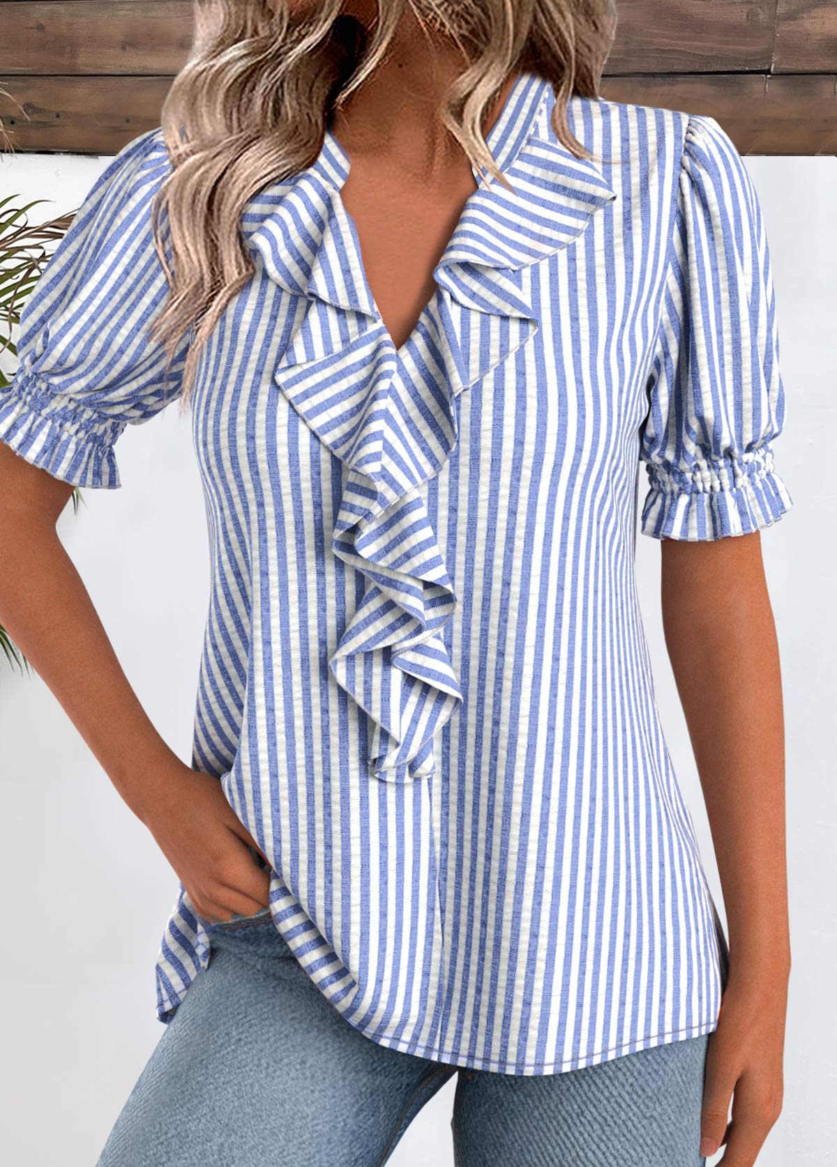 Blue Striped V-Neck Bishop Sleeve Short Sleeve Blouse – Tummy