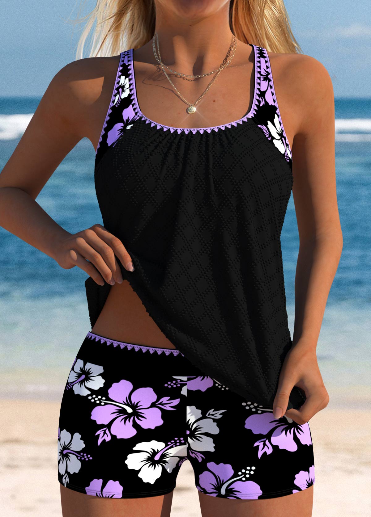 Plus Size Mid Waisted Light Purple Tankini Set | picture 