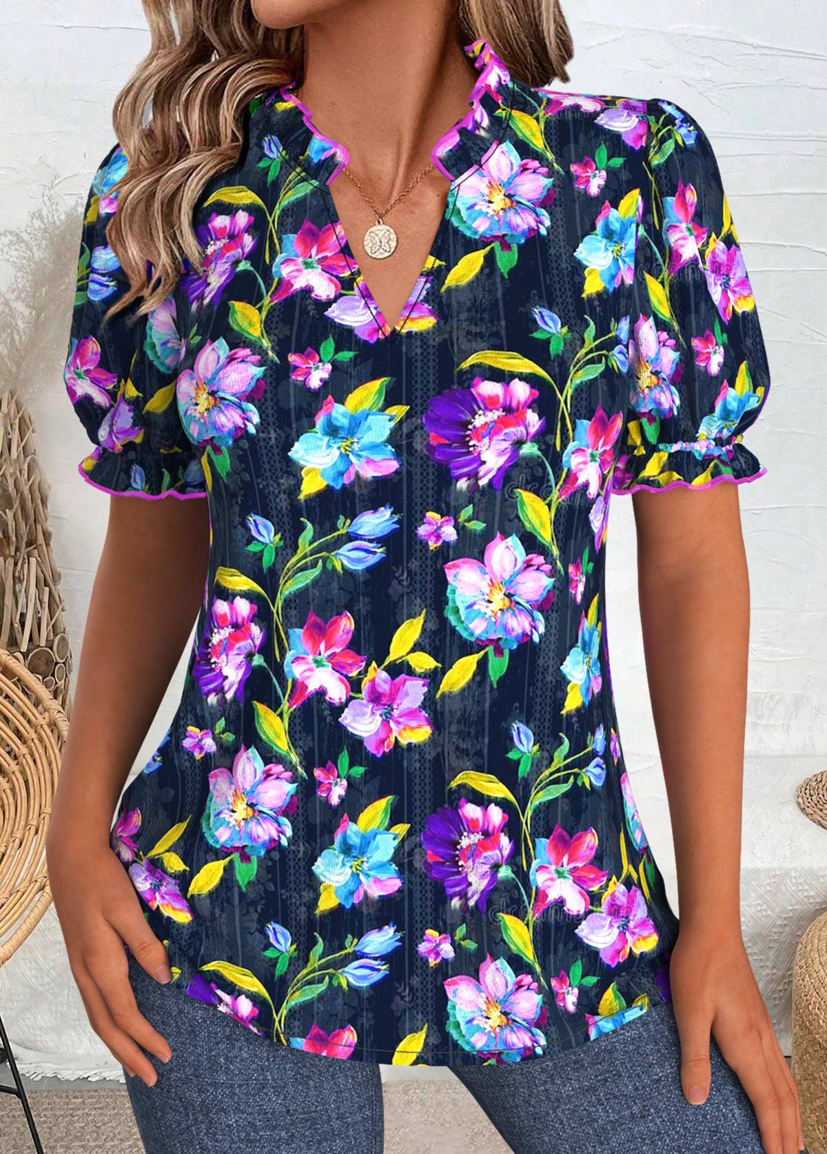 Dark Blue Random Floral Print Short Sleeve Blouse | picture 