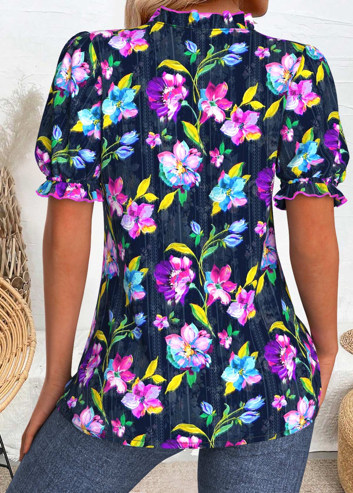 Dark Blue Random Floral Print Short Sleeve Blouse | picture 