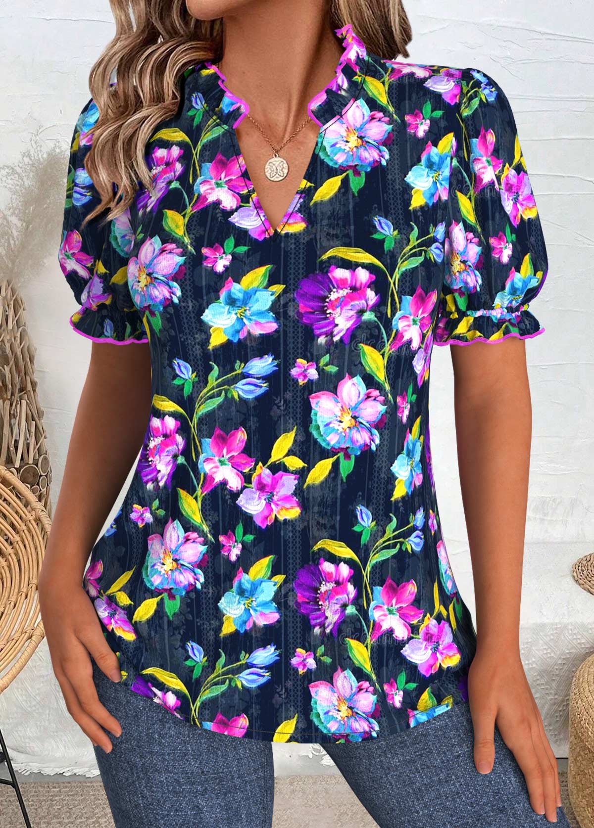 Dark Blue Random Floral Print Short Sleeve Blouse | picture 
