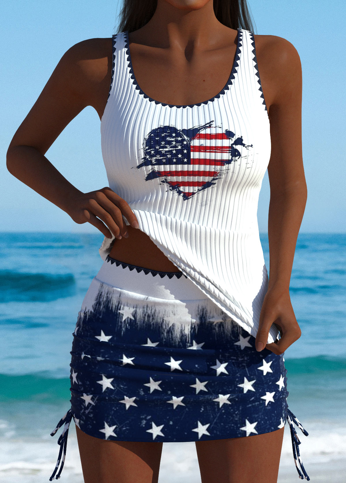 ifsixwasnineアメリカ国旗デザイン タンクトップ Mid Waisted Navy American Flag Slim Tankini Set – High Stretch