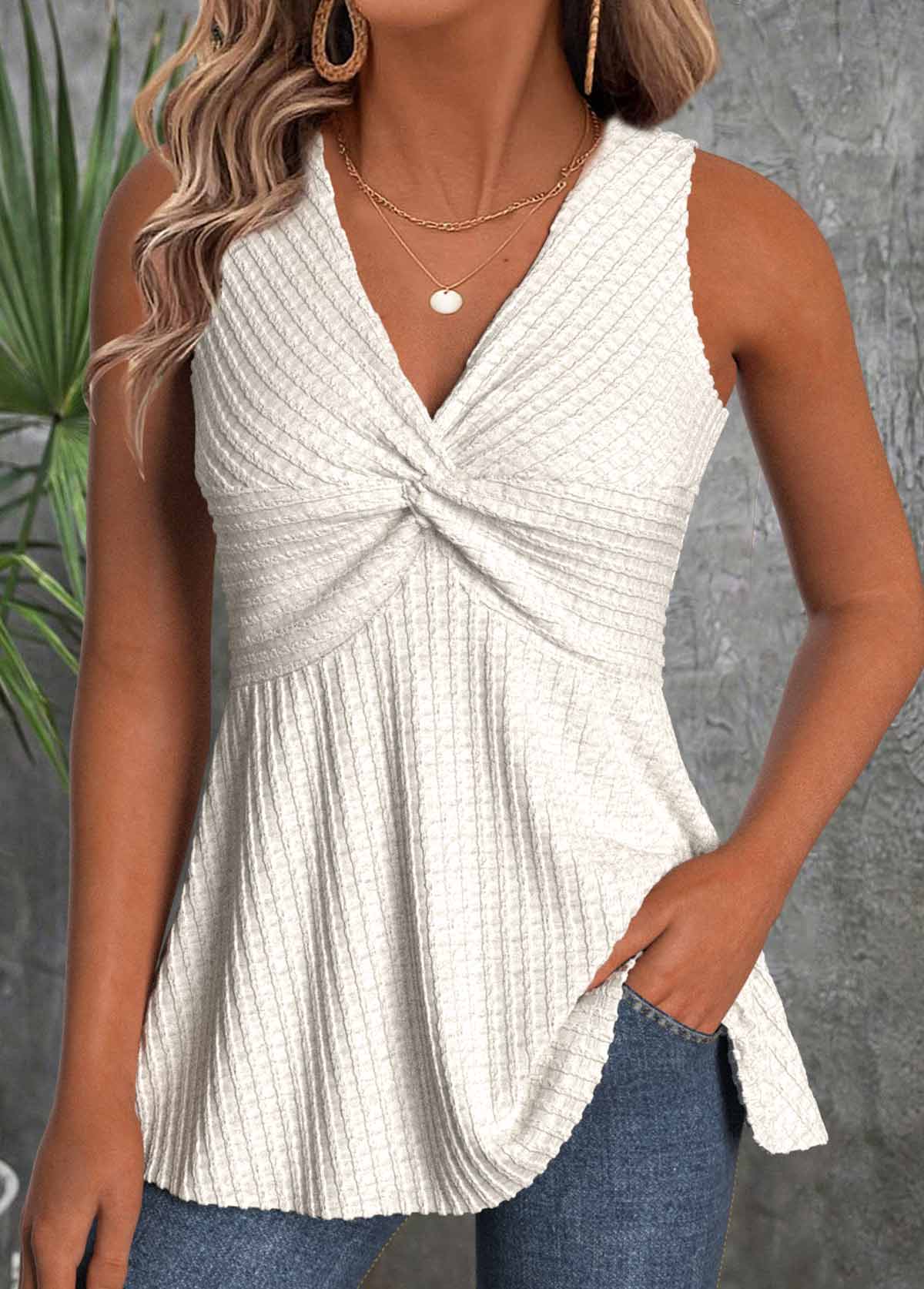 Beige Sleeveless V Neck Tank Top | picture 
