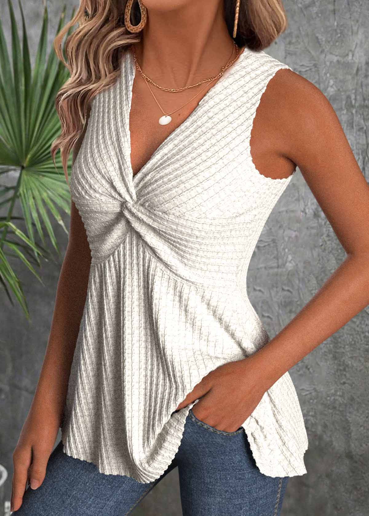 Beige Sleeveless V Neck Tank Top | picture 