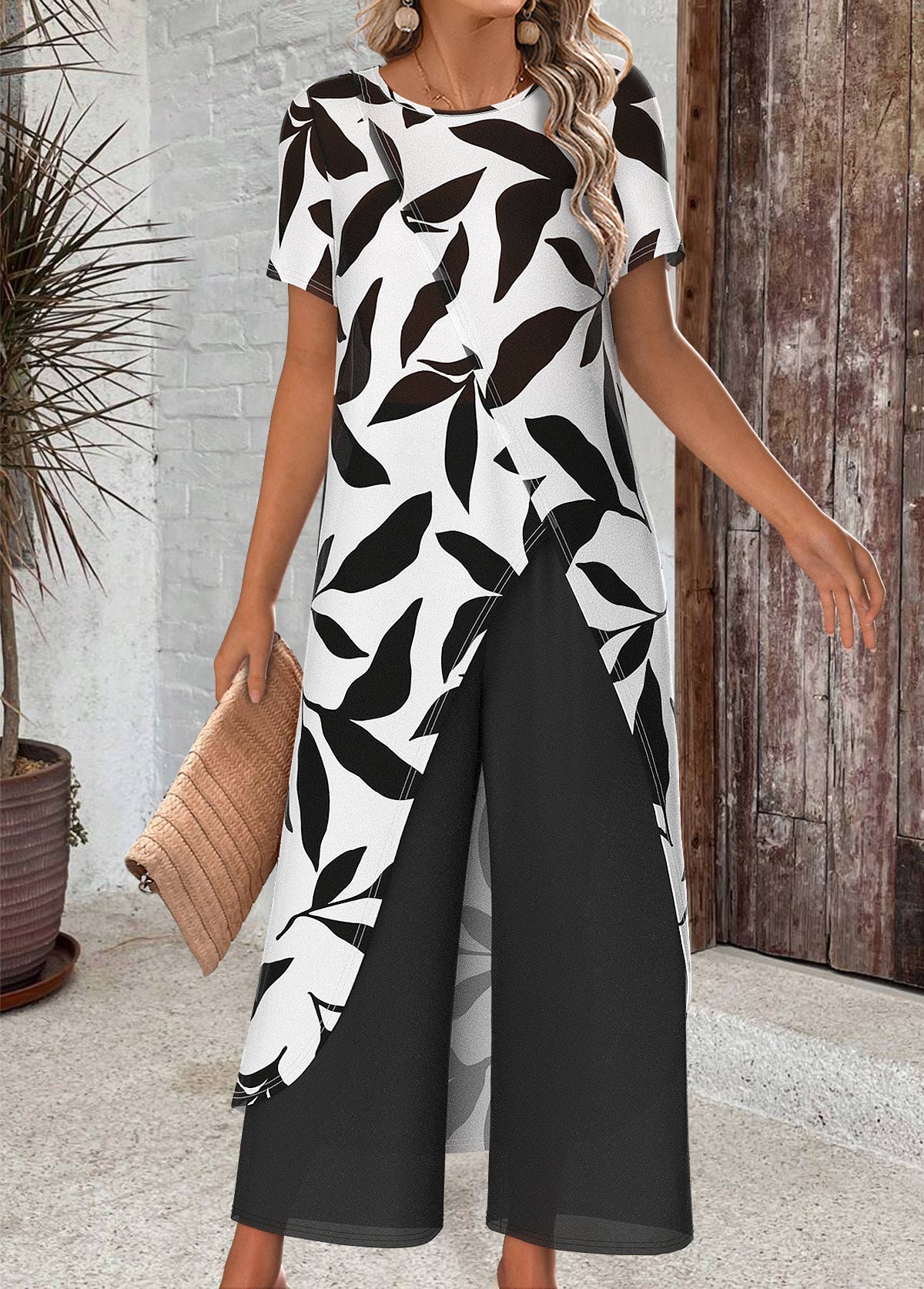 White Leaf Print Ankle Length Short Sleeve Top | picture 