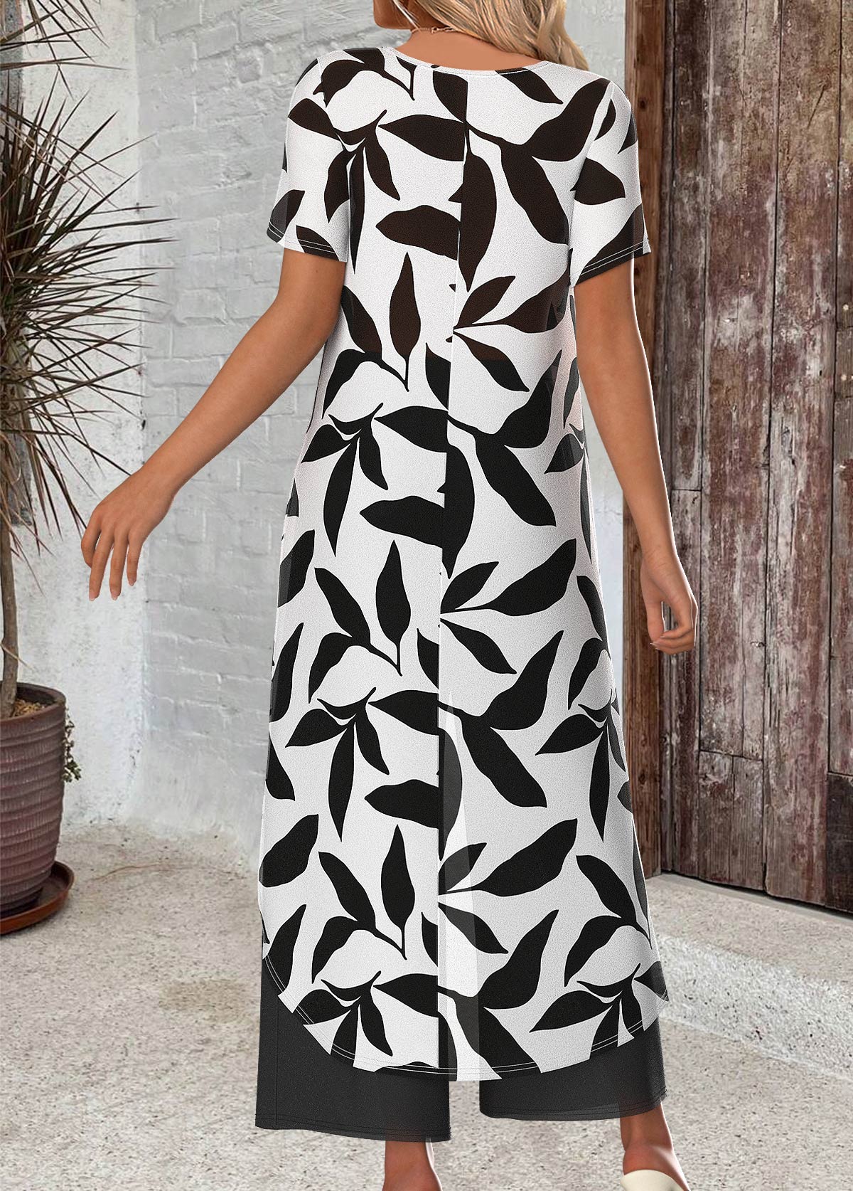 White Leaf Print Ankle Length Short Sleeve Top | picture 