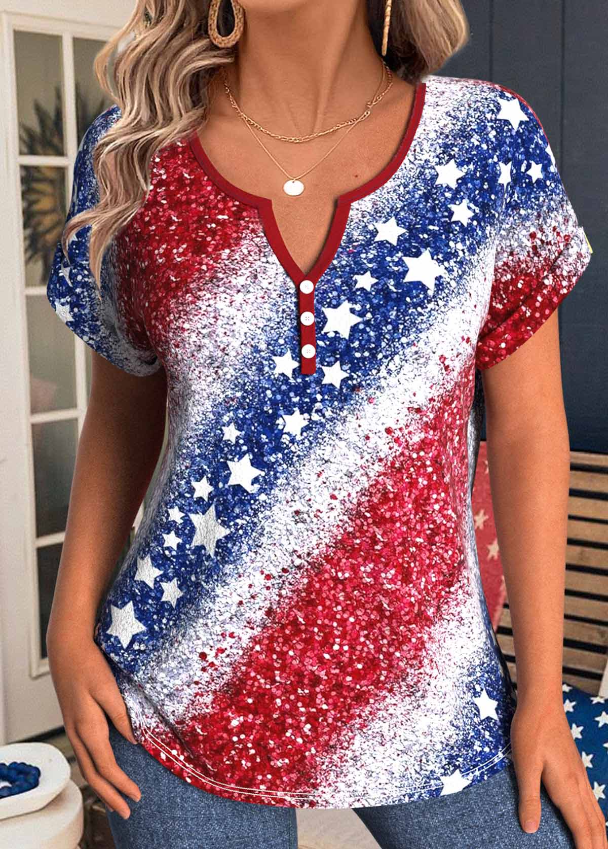 Modlily Blue American Flag Print Blouse - XXL