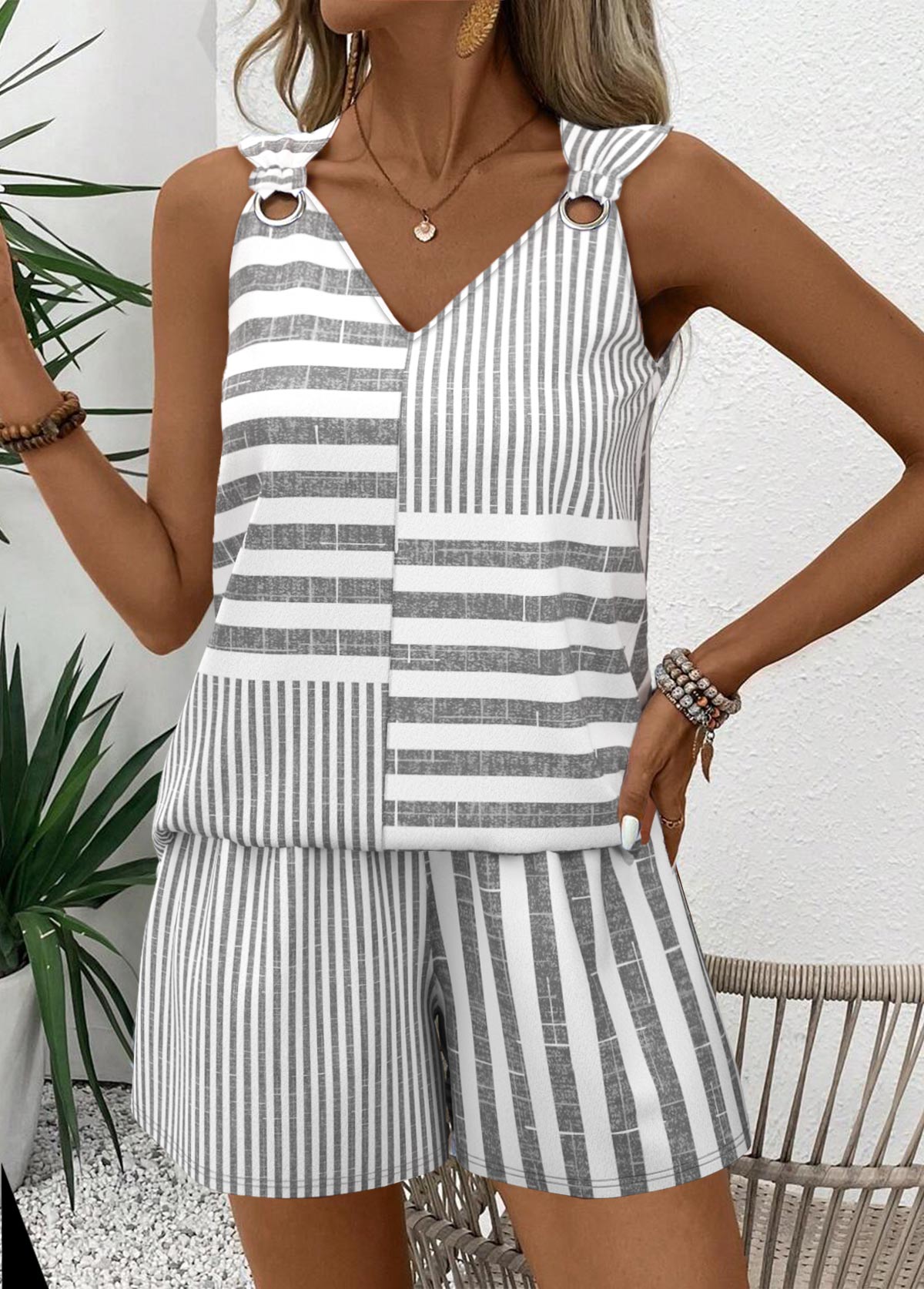 Grey Striped Sleeveless V Neck Tank Top and Shorts