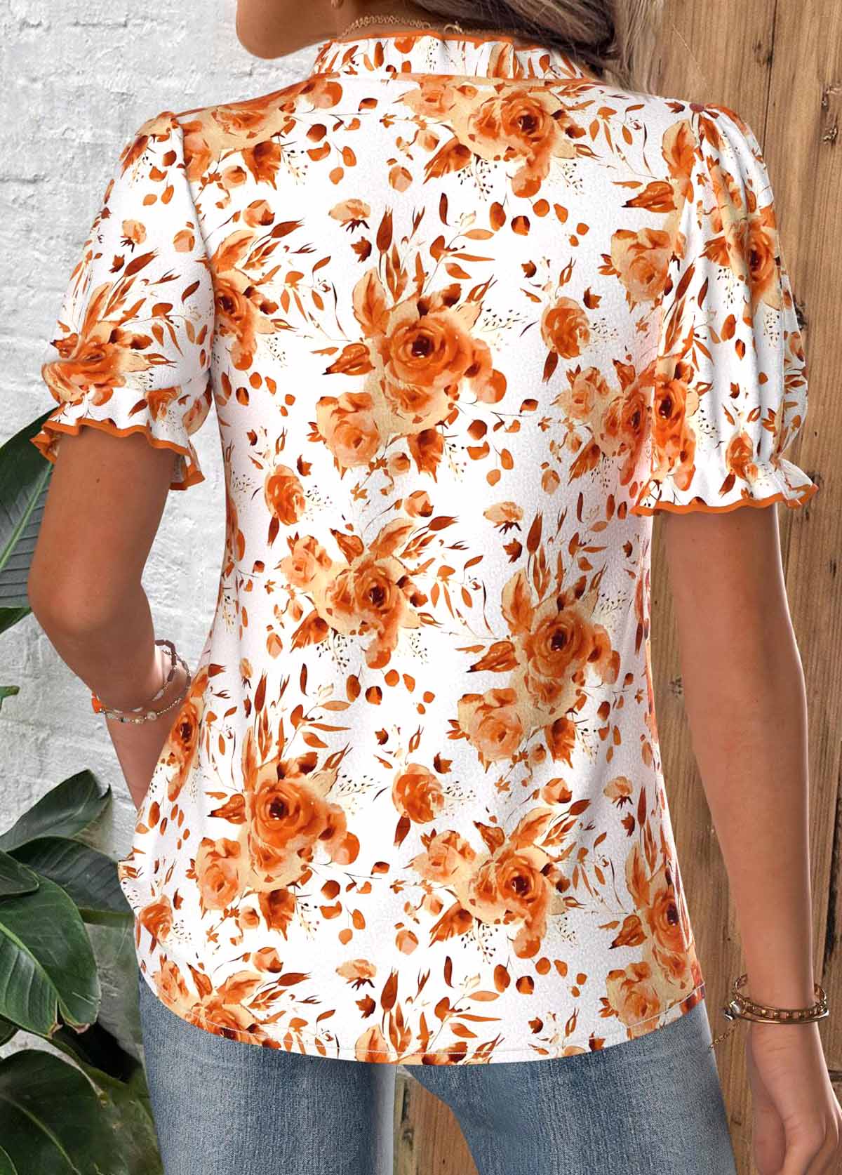 Orange Tummy Coverage Floral Print Short Sleeve Blouse | picture 