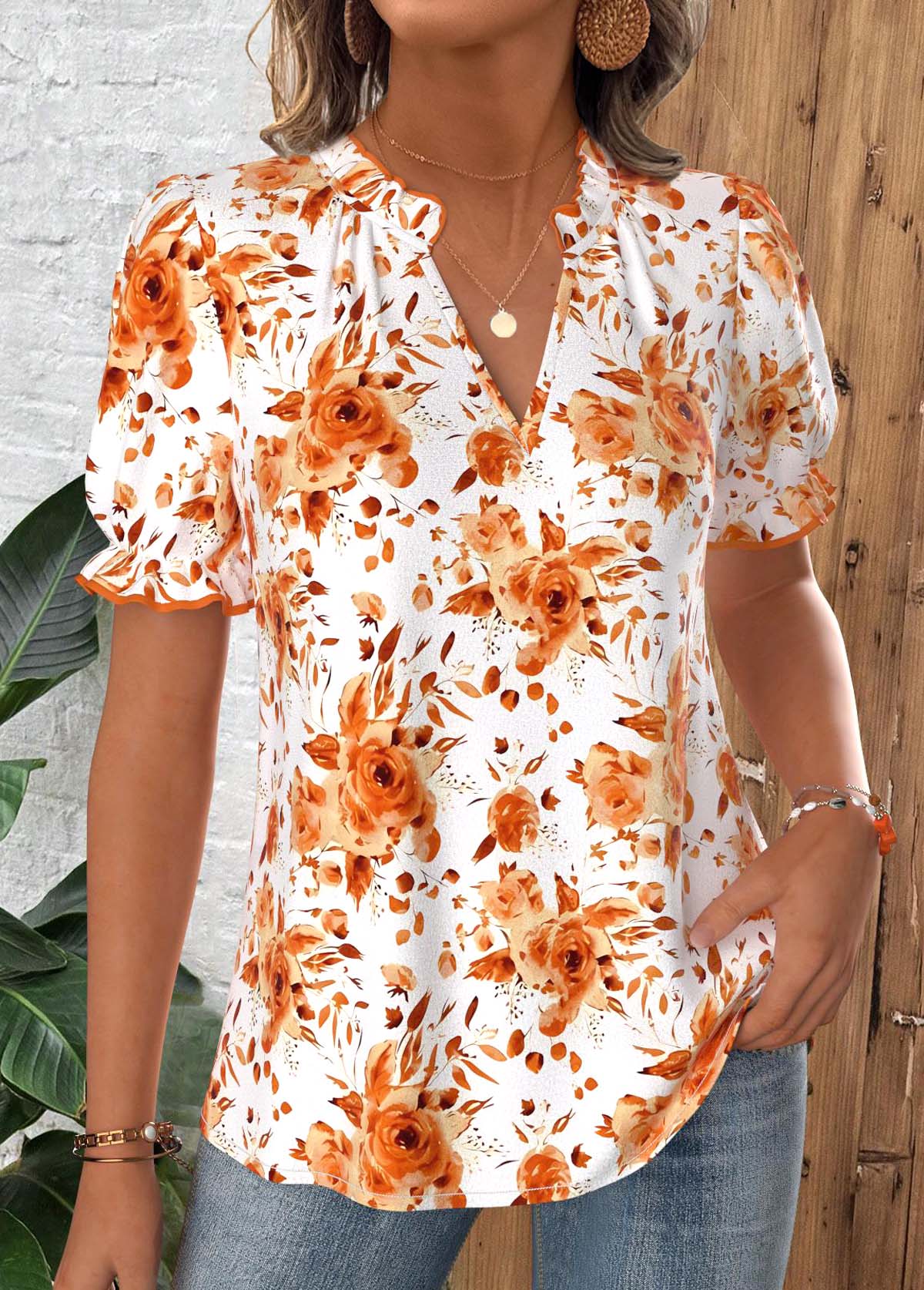 Orange Tummy Coverage Floral Print Short Sleeve Blouse | picture 