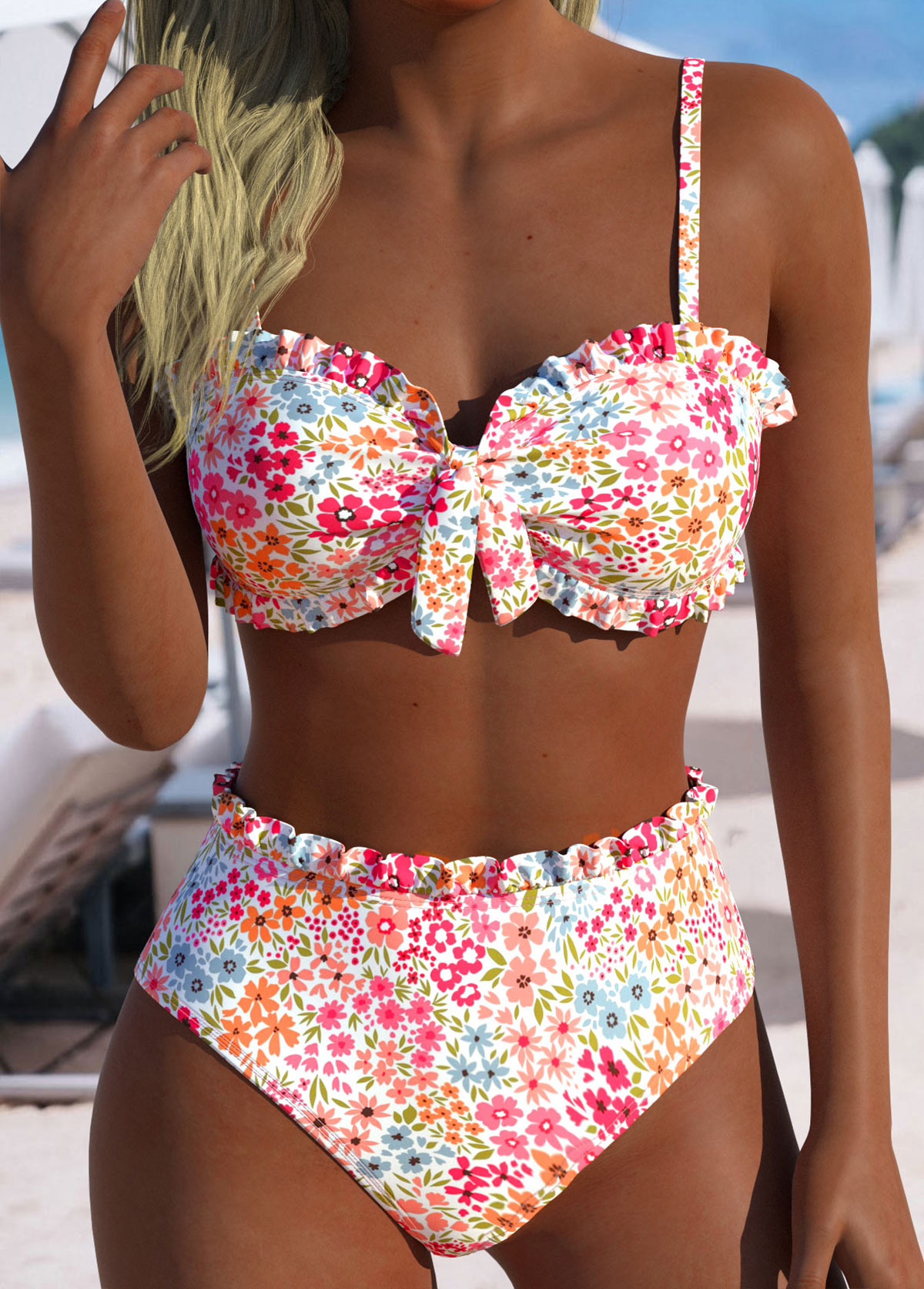 Mid Waisted Ditsy Floral Print Pink Bikini Set | picture 