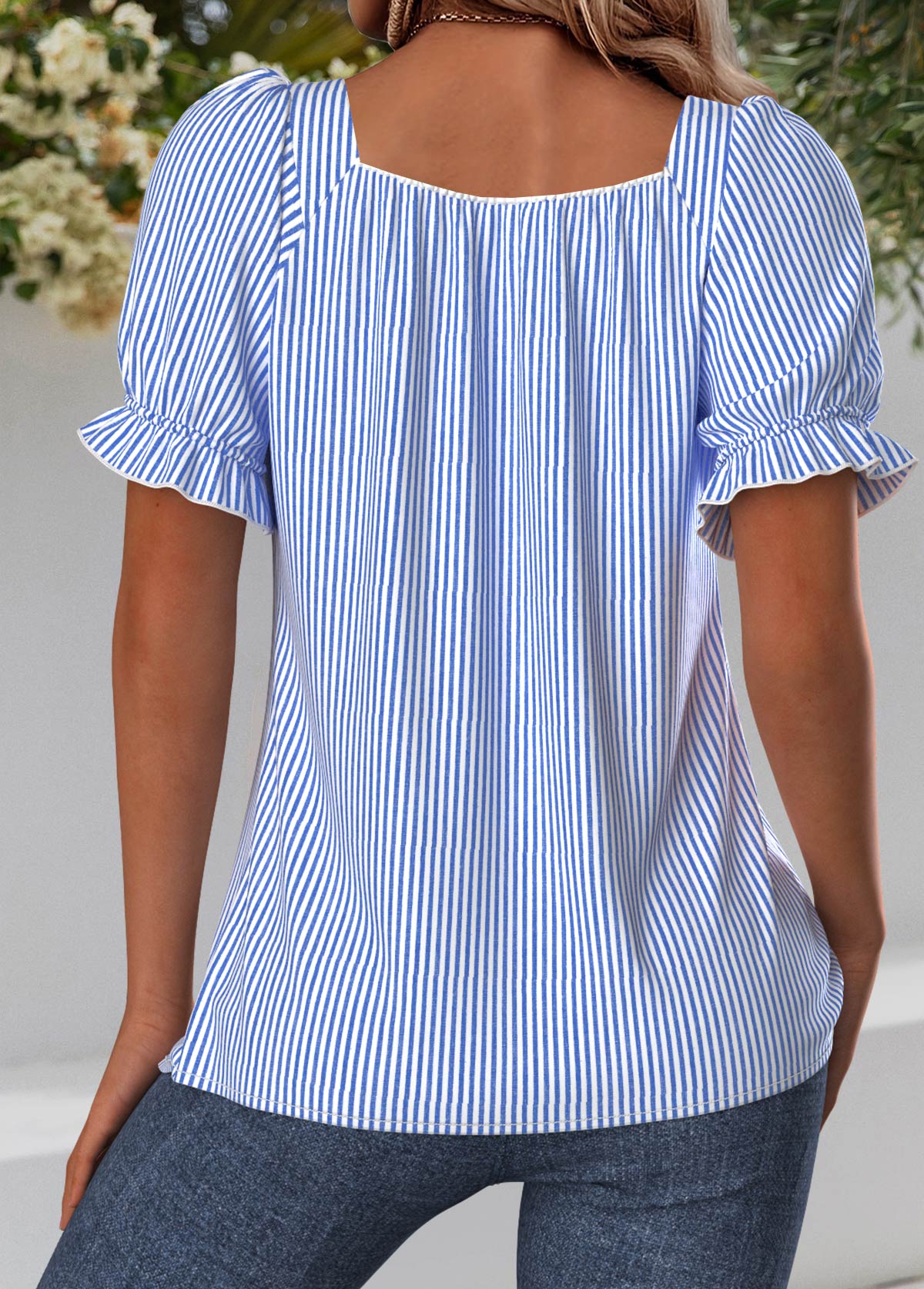 Blue Striped Short Sleeve Square Neck Blouse | picture 