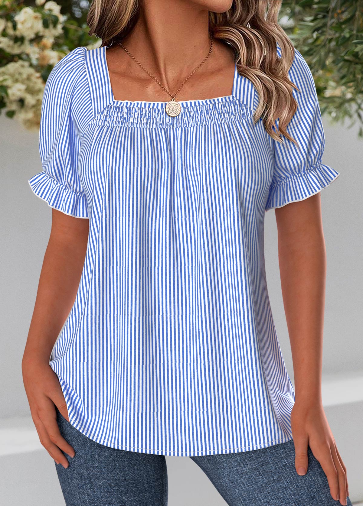 Blue Striped Short Sleeve Square Neck Blouse | picture 