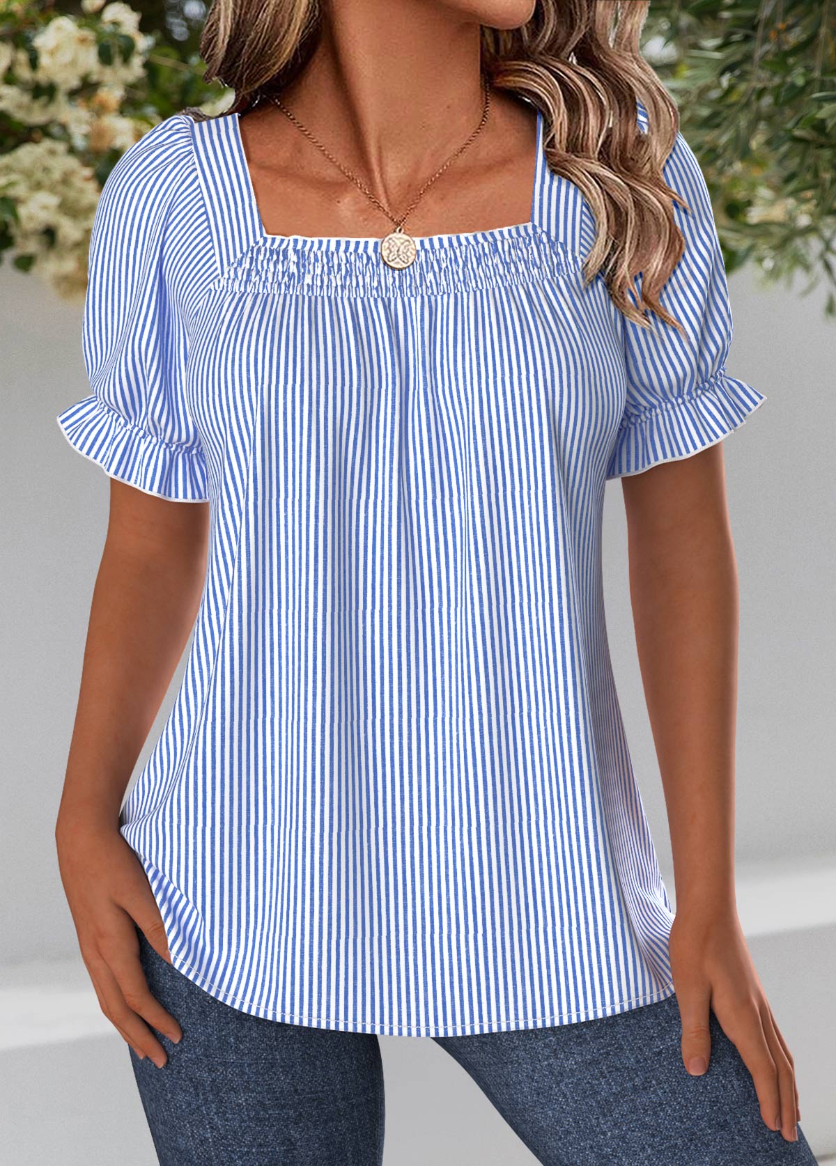 Blue Striped Short Sleeve Square Neck Blouse | picture 