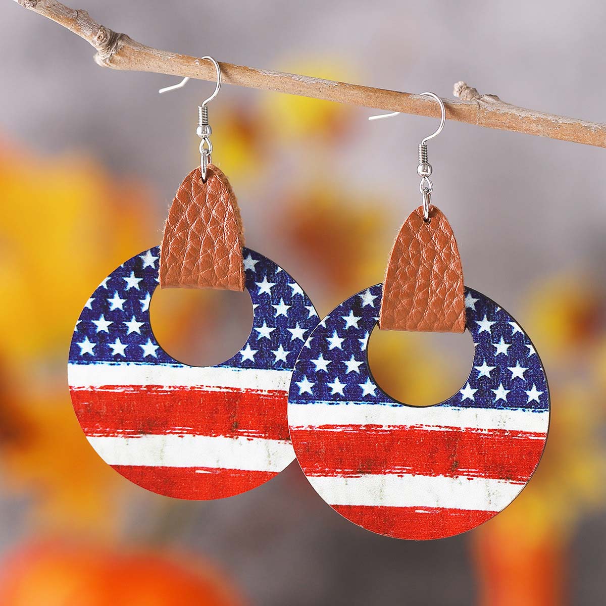 American Flag Red Round Wood Earrings | picture 