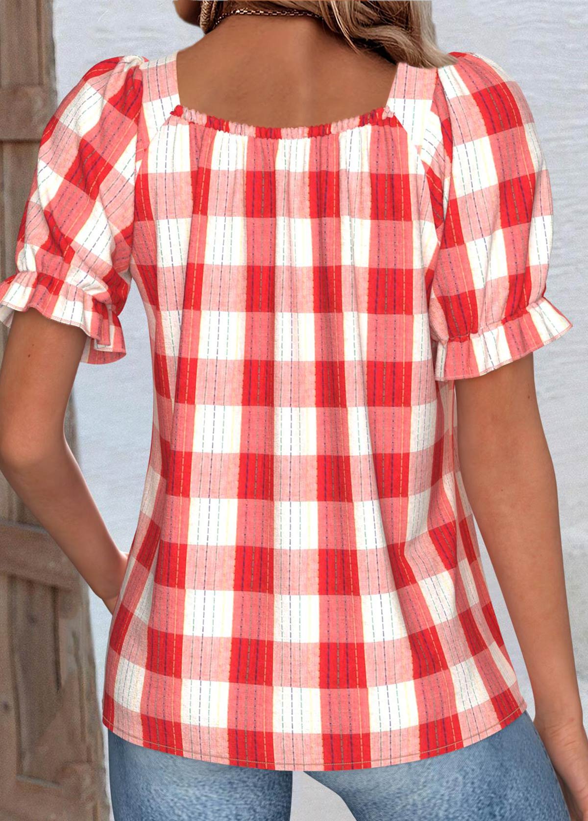 Red Plaid Short Sleeve Square Neck Blouse | picture 