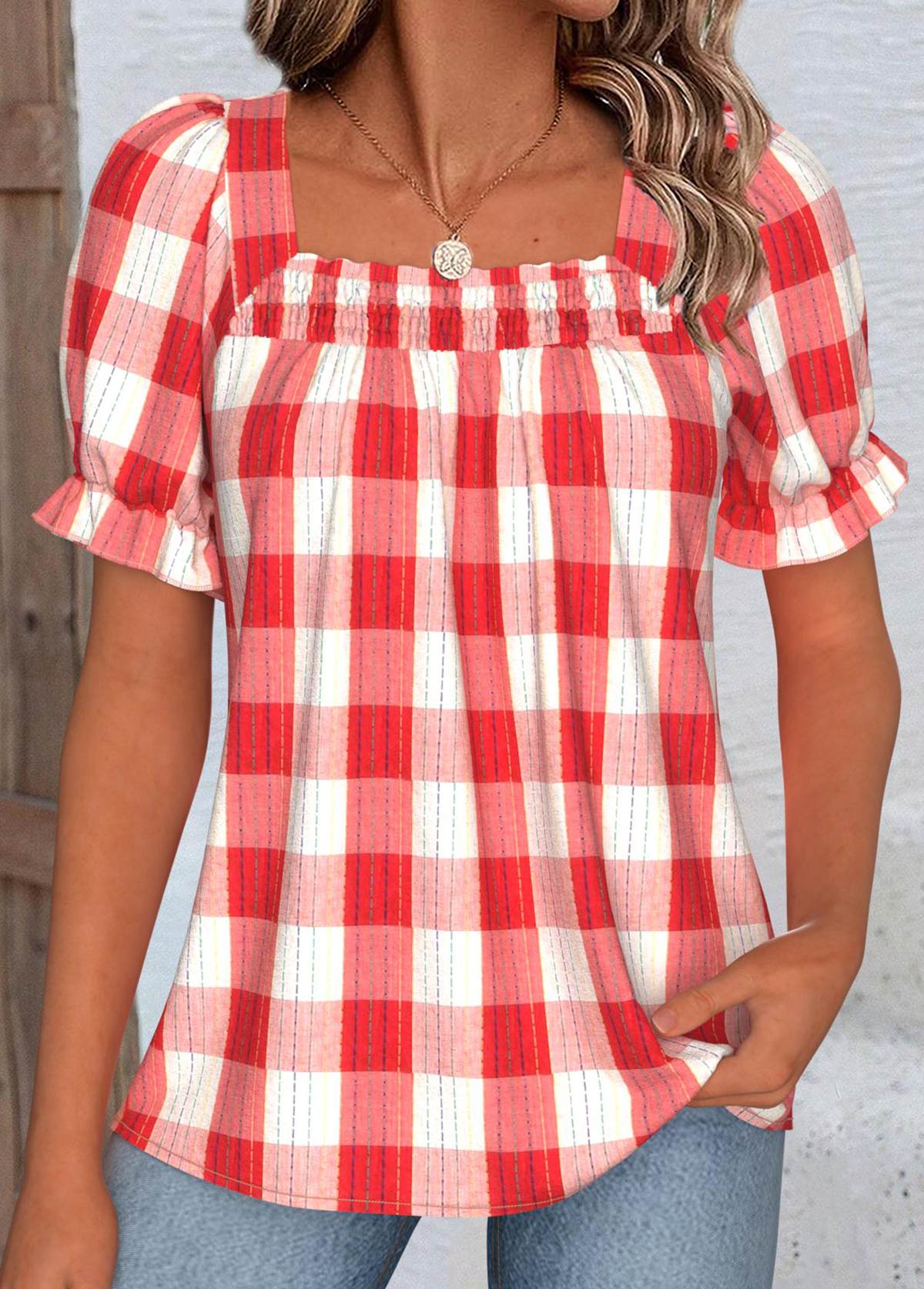 Red Plaid Short Sleeve Square Neck Blouse | picture 