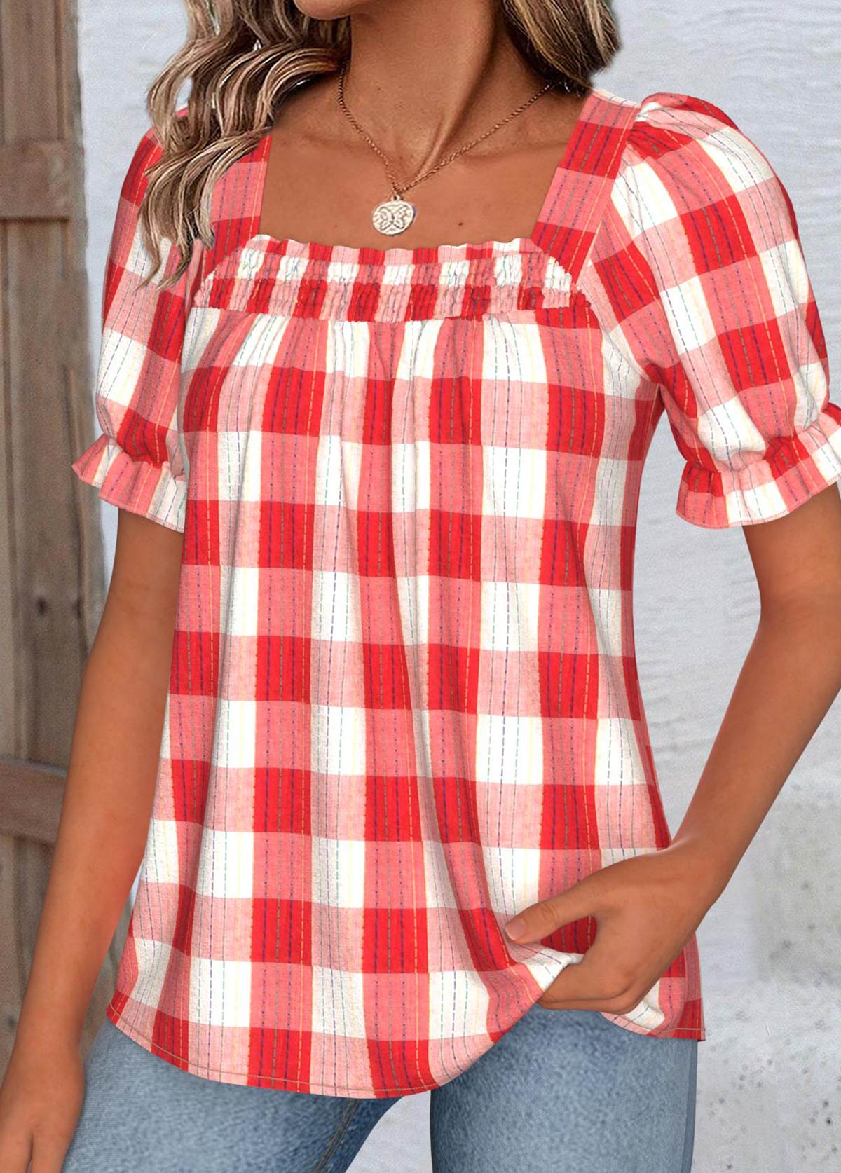 Red Plaid Short Sleeve Square Neck Blouse | picture 