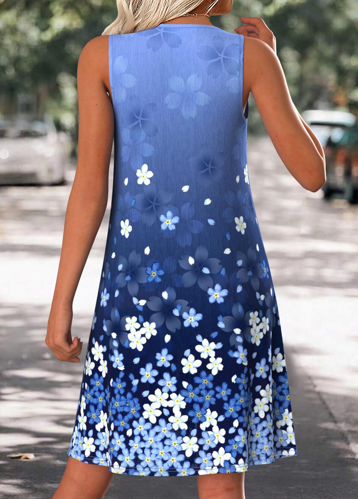 Blue Floral Print Tummy Coverage Sleeveless Round Neck Dress | picture 