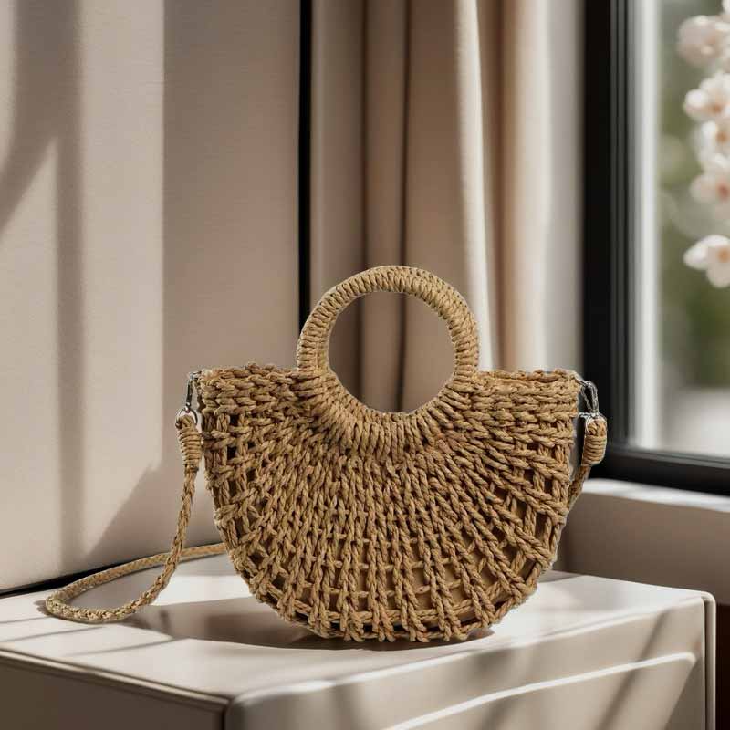 Light Camel Drawstring Crossbody Straw Bag | picture 