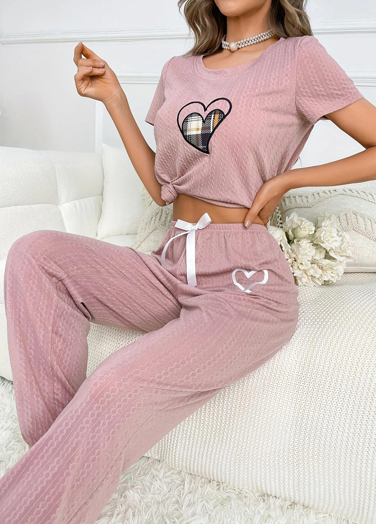 Pink Heart Print Short Sleeve Lounge Top and Pants | picture 