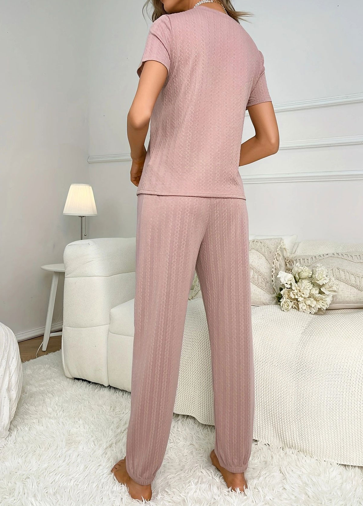 Pink Heart Print Short Sleeve Lounge Top and Pants | picture 