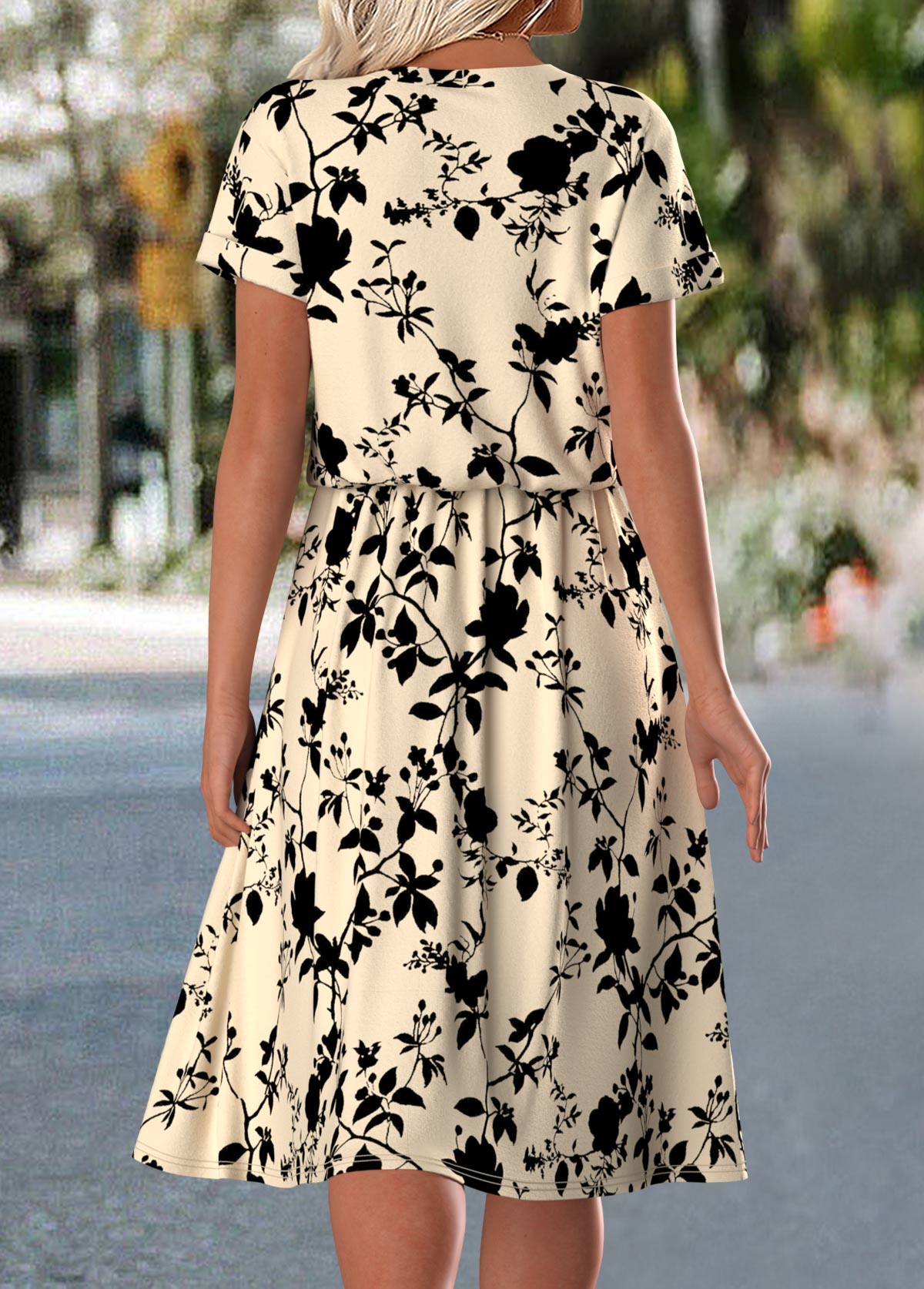 Light Camel Floral Print Short Sleeve Split Neck Dress | picture 