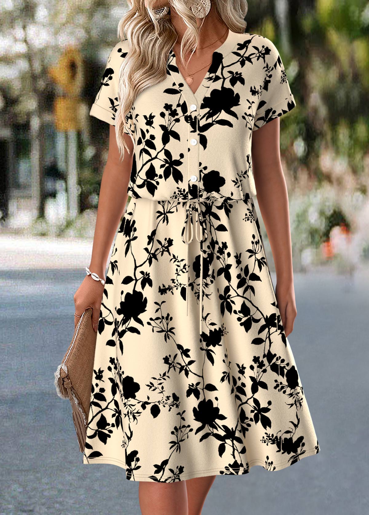 Light Camel Floral Print Short Sleeve Split Neck Dress | picture 