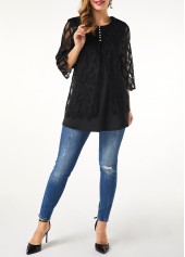 Black Patchwork 3/4 Sleeve Fake Two Piece Twinset | thumb picture 