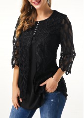 Black Patchwork 3/4 Sleeve Fake Two Piece Twinset | thumb picture 