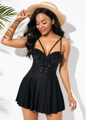 Lace Up Ruffle Hem Black Swimdress and Shorts