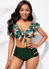 Floral Print Flounce Ladder Cutout High Waisted Bikini Set