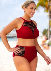 Plus Size Lace Stitching High Waisted Bikini Set | thumb picture 