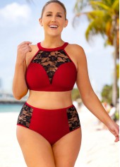 Plus Size Lace Stitching High Waisted Bikini Set