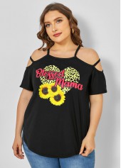 Plus Size Strappy Cold Shoulder Sunflower Print T Shirt | thumb picture 